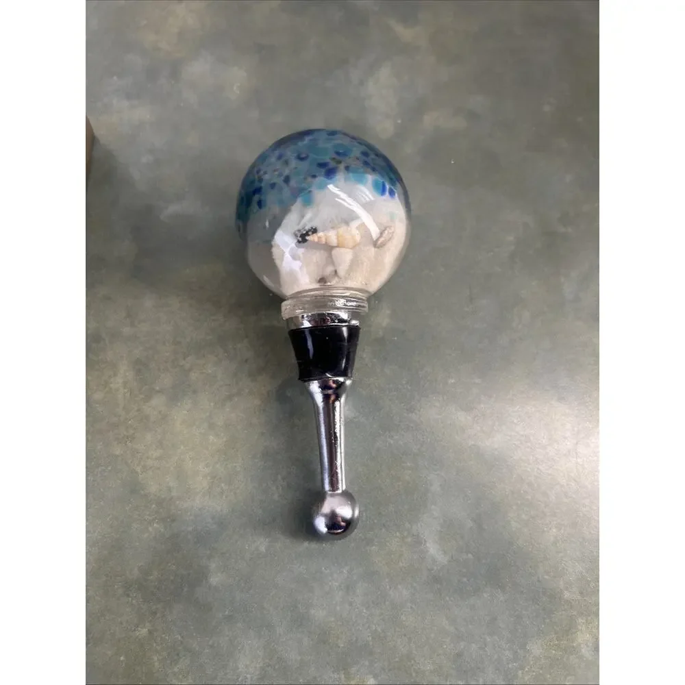 Pier 1 Imports Wine Bottle Stopper Sand Shell Art Glass Blue Orb SKU 2764602